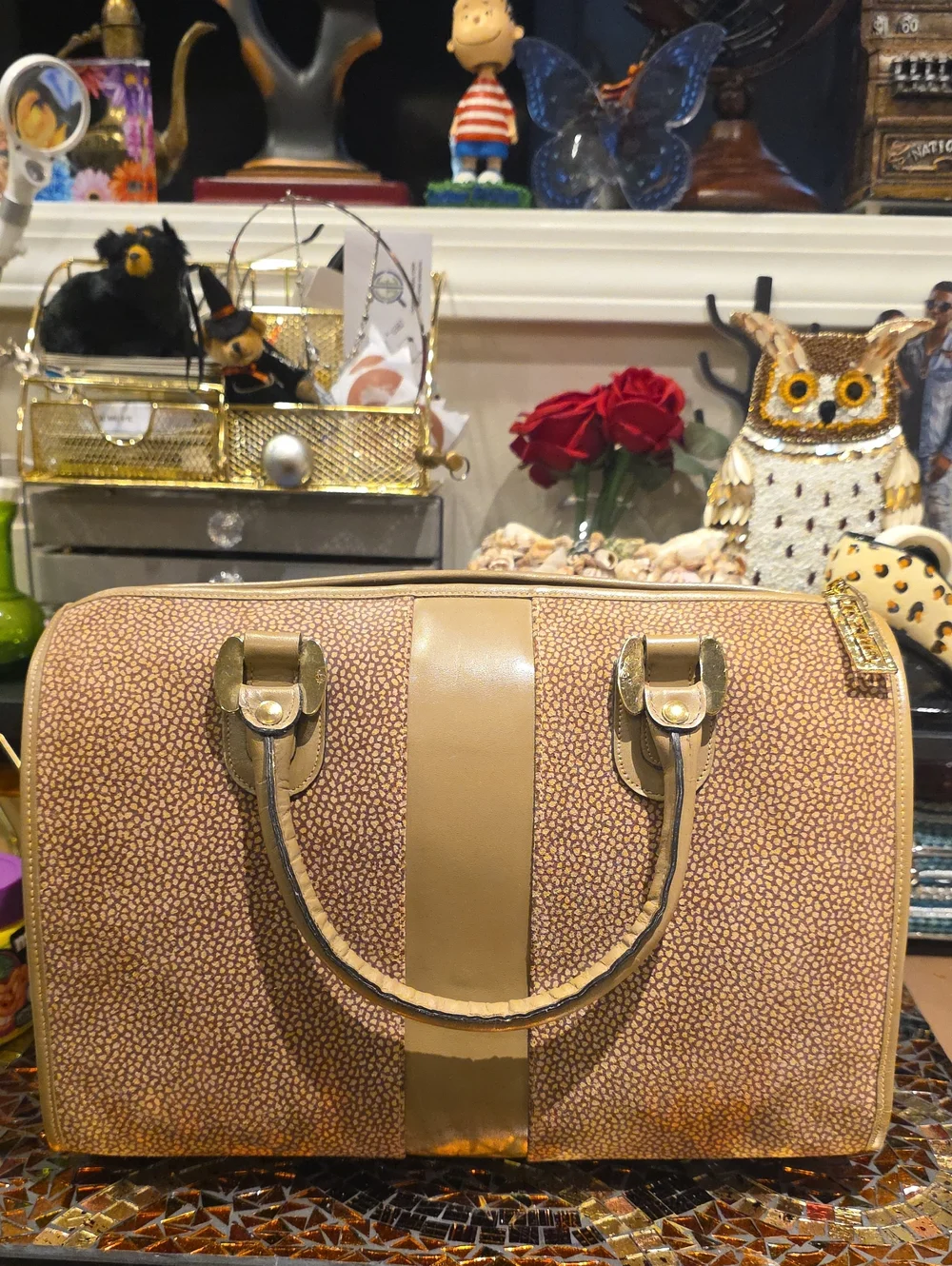 Classic Tan Dome Satchel with Center Stripe and Gold Hardware
